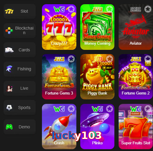 Main screen of Lucky103 game page for PK players